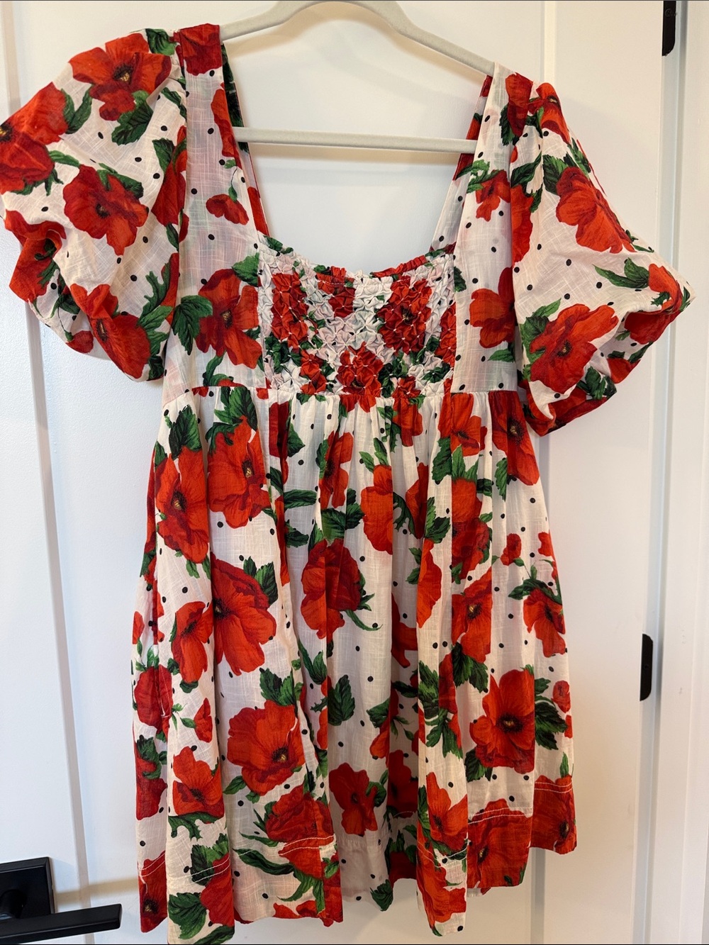 Maeve White Mini Dress with Red Poppy and polka dot Print